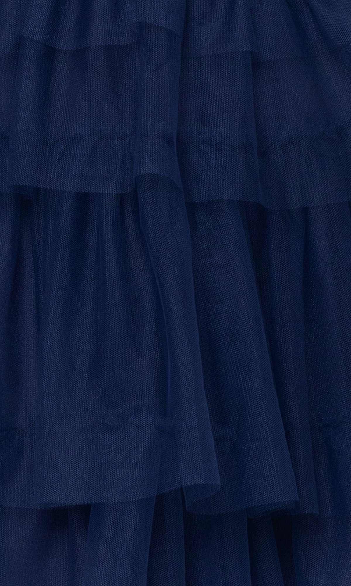 Close-up of dark blue layered sheer fabric with horizontal ruffles, featured on the Cut-Out Short Ruffled Homecoming Dress 5098BN—ideal for a junior party or short A-line look with a ruched sweetheart bodice.